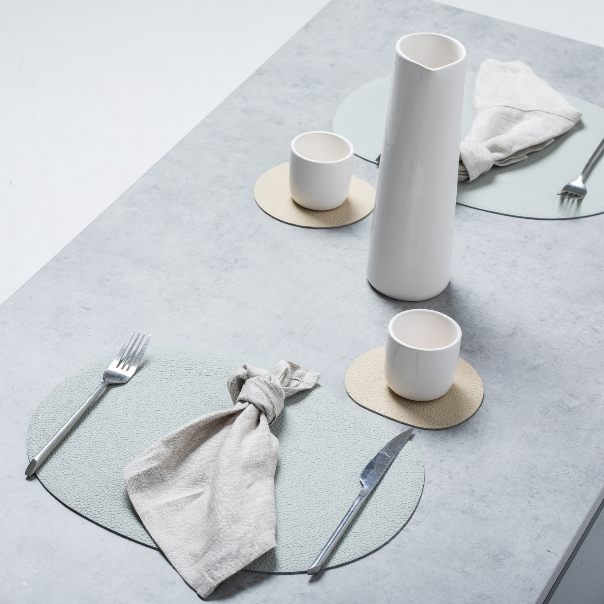 Natural leather placemat and coaster set | blue grey