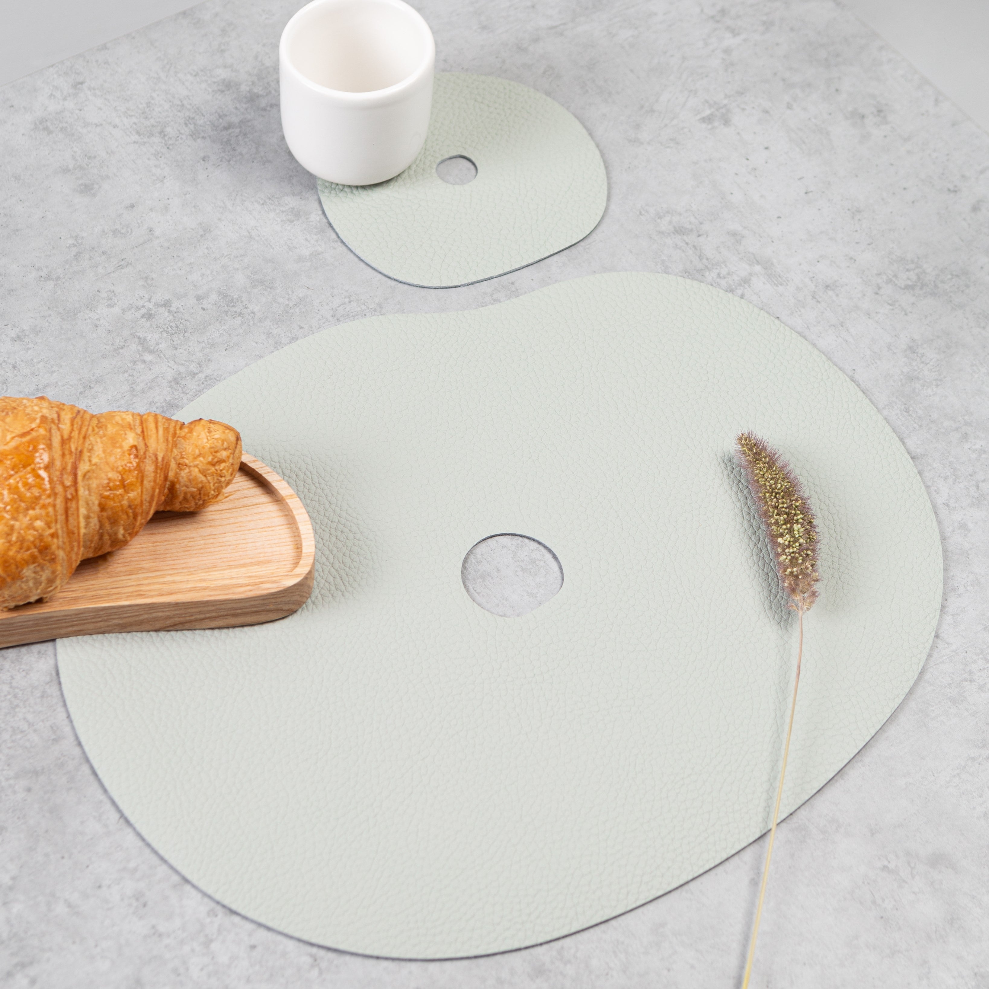 Natural leather placemat and coaster set | blue grey