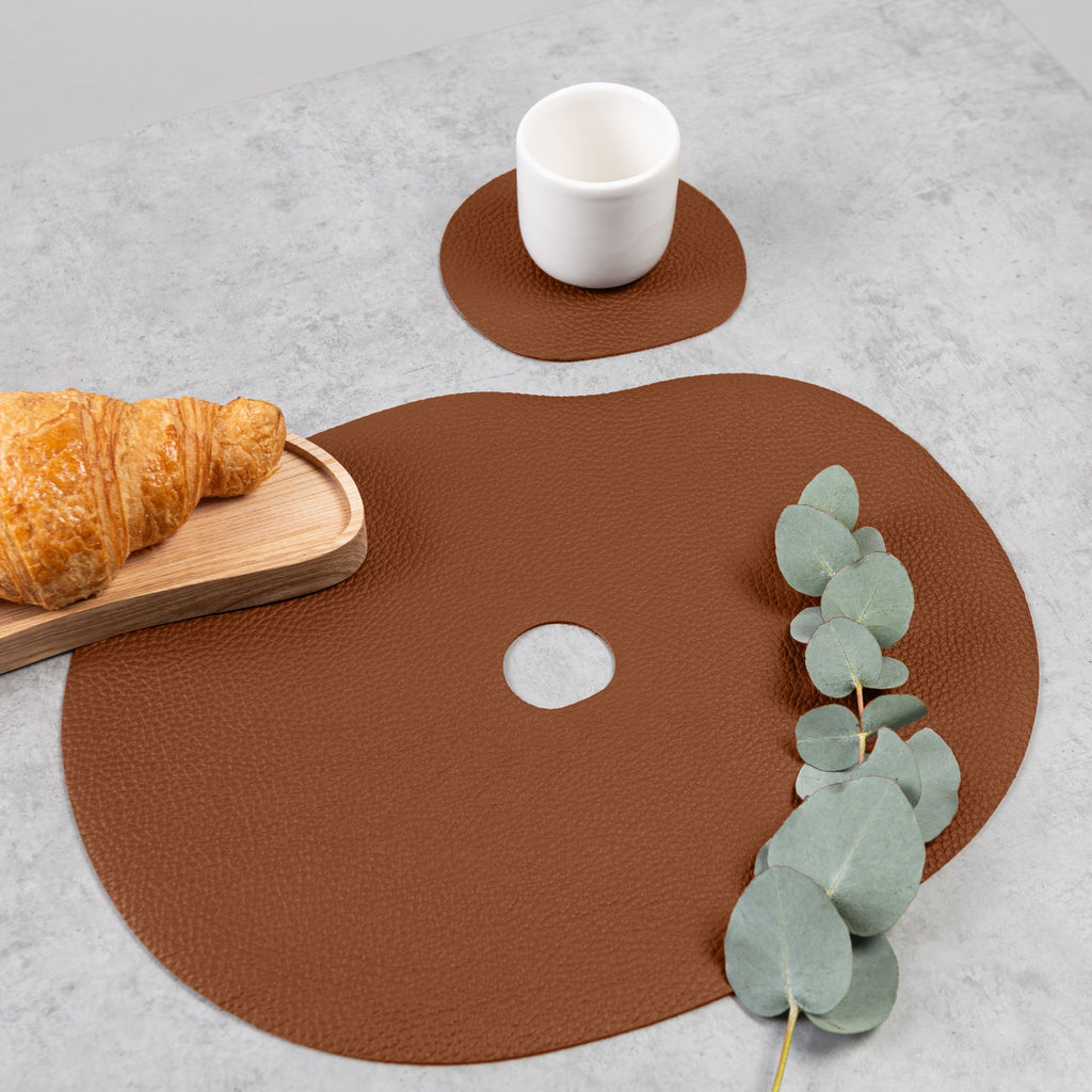Natural Leather Placemat and Coaster Set | Rust Coffee