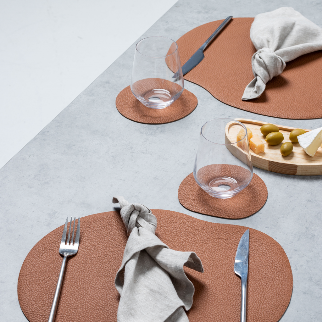 Natural Leather Placemat and Coaster Set | Rust Coffee
